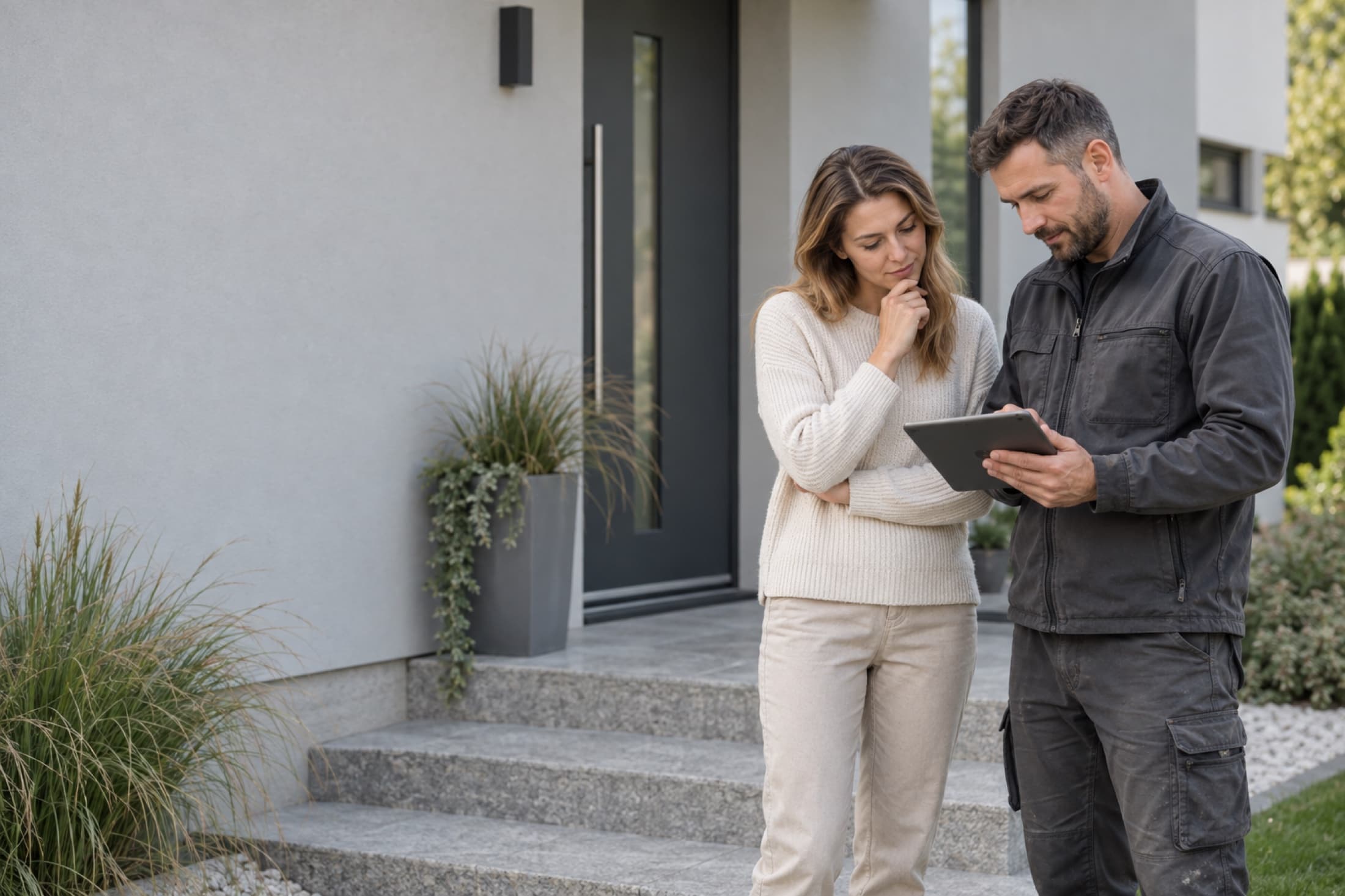 A contractor reviewing an estimate with a customer on a porch