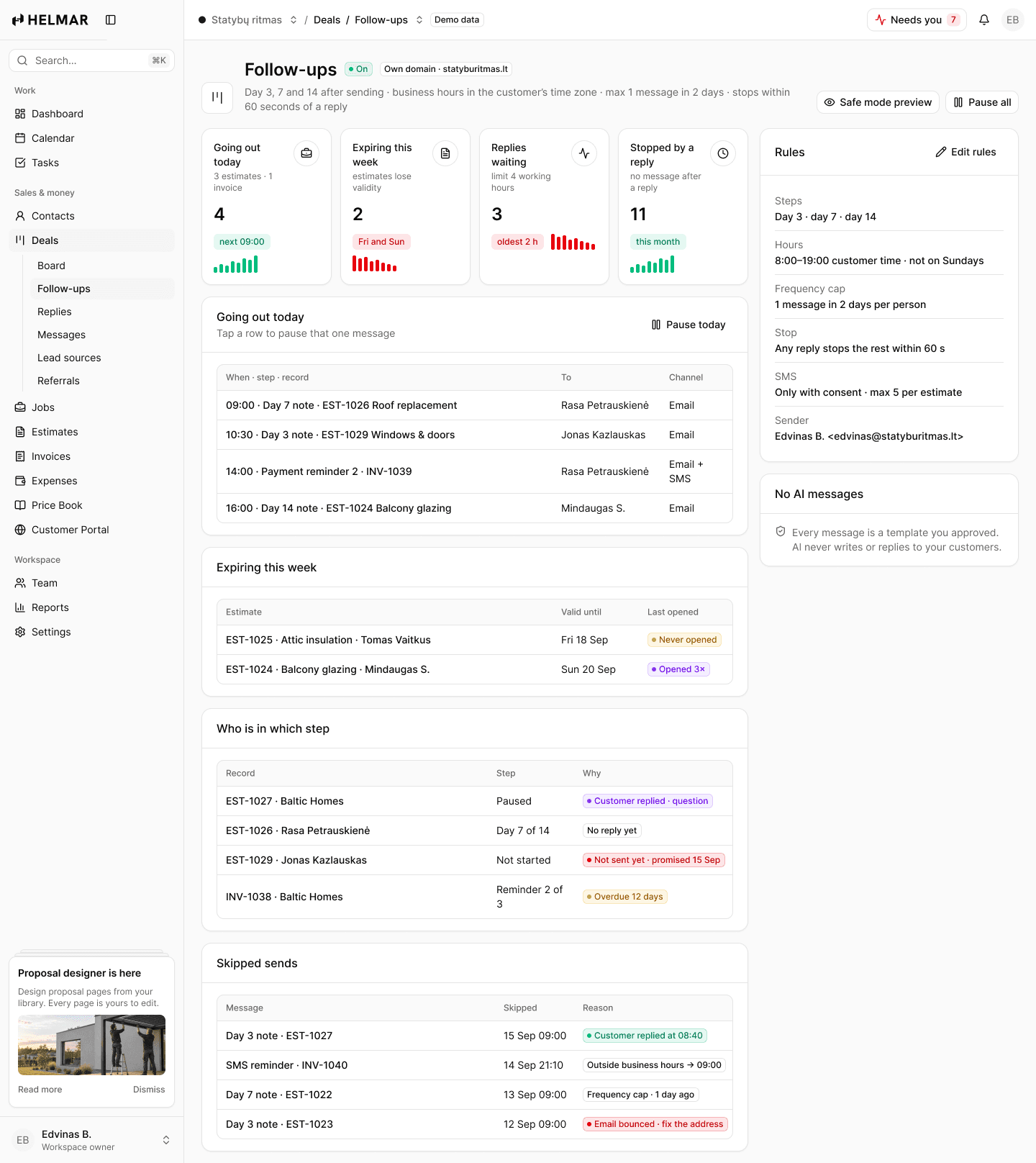 Follow-ups in Helmar.AI