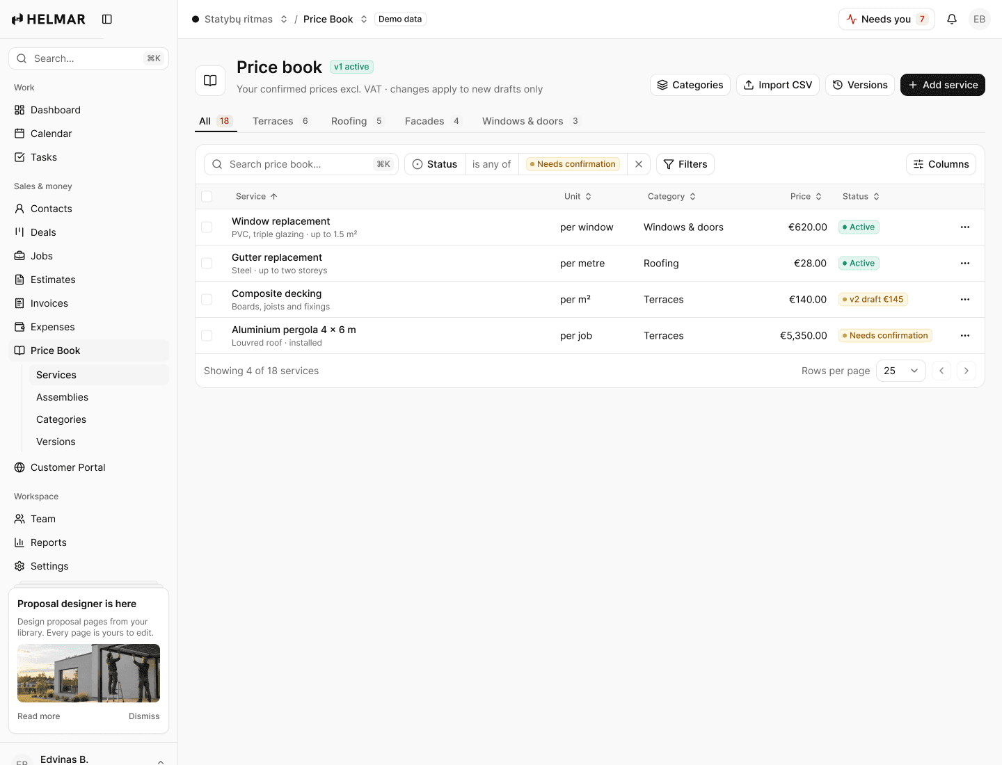 Price book in Helmar.AI
