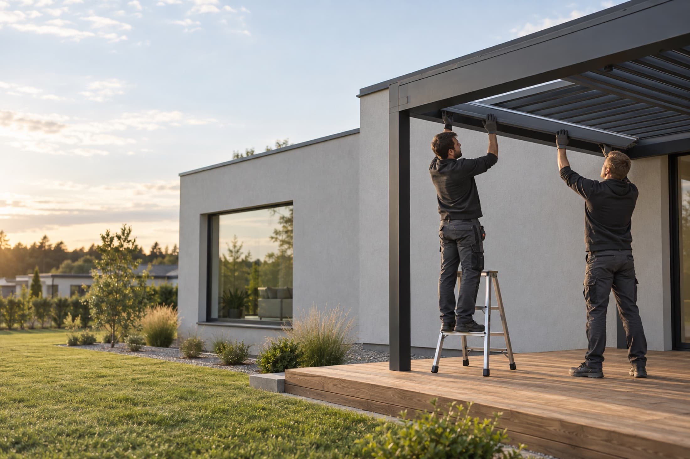 Two installers fitting the roof of an aluminium pergola over a terrace
